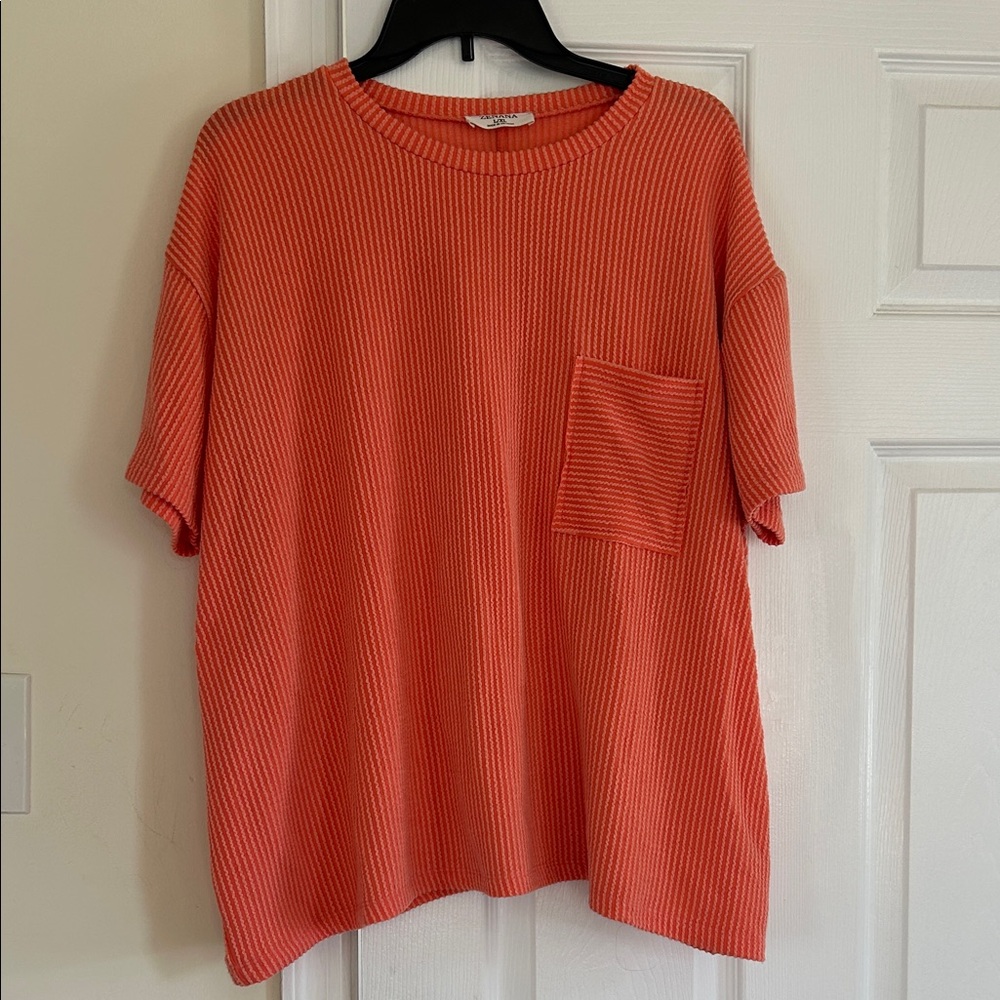 Zenana Outfitters Ribbed Short Sleeve Pocket Tee - Coral